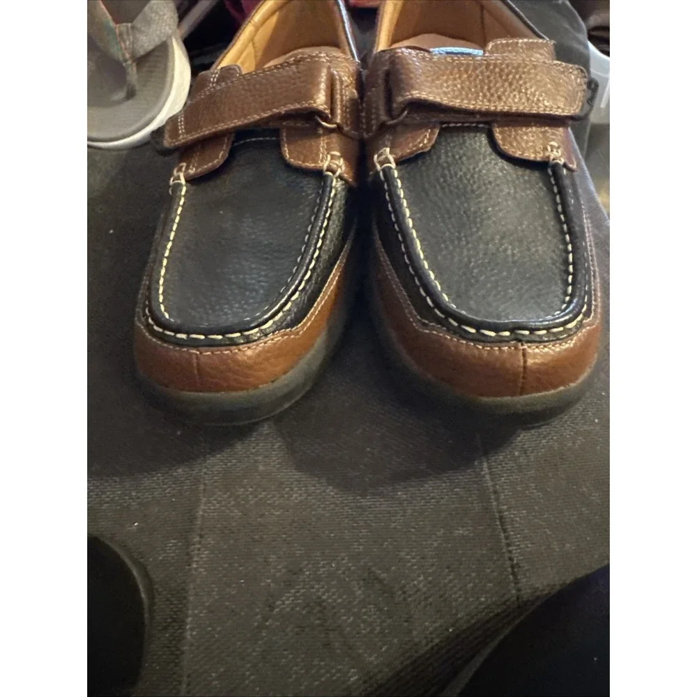 Dr Comfort Mike Casual Boat Shoes  Leather Hook and Loop Black Brown 11.5